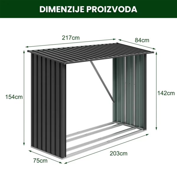 Metalna nadstrešnica za drva Premium 84 × 217 × 154 cm (1,9 m²)